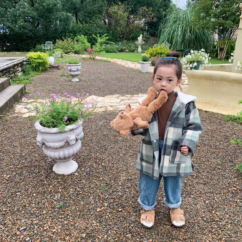 

Winter New Arrival Korean style casual fashion plaid woolen long thickened coat with pockets for cute sweet baby girls