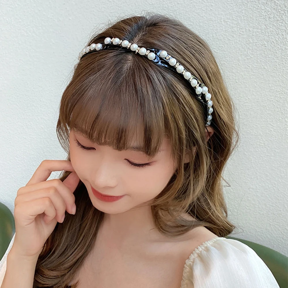 

FORWOT Non-slip Teeth Headband Adjustable Crystal Pearl Fashion Bezel Hair Band Hoop Girls Rhinestone Hairbands Hair Accessories