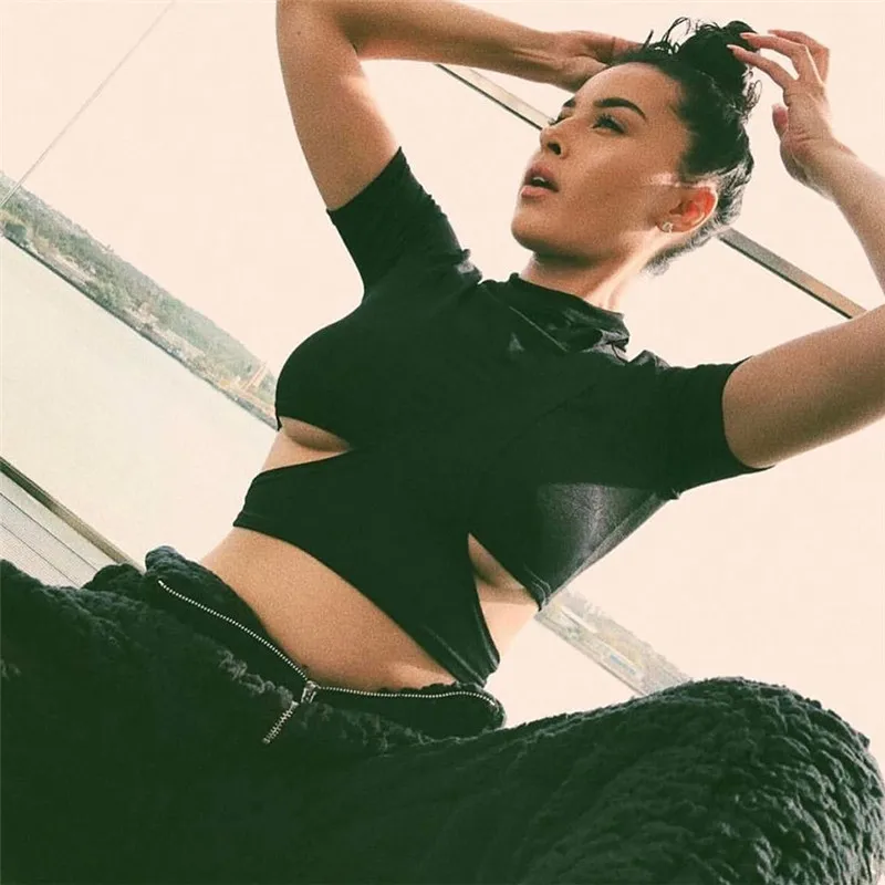 

Summer ladies solid color round neck short sleeve sexy hollow T-shirt tops women
