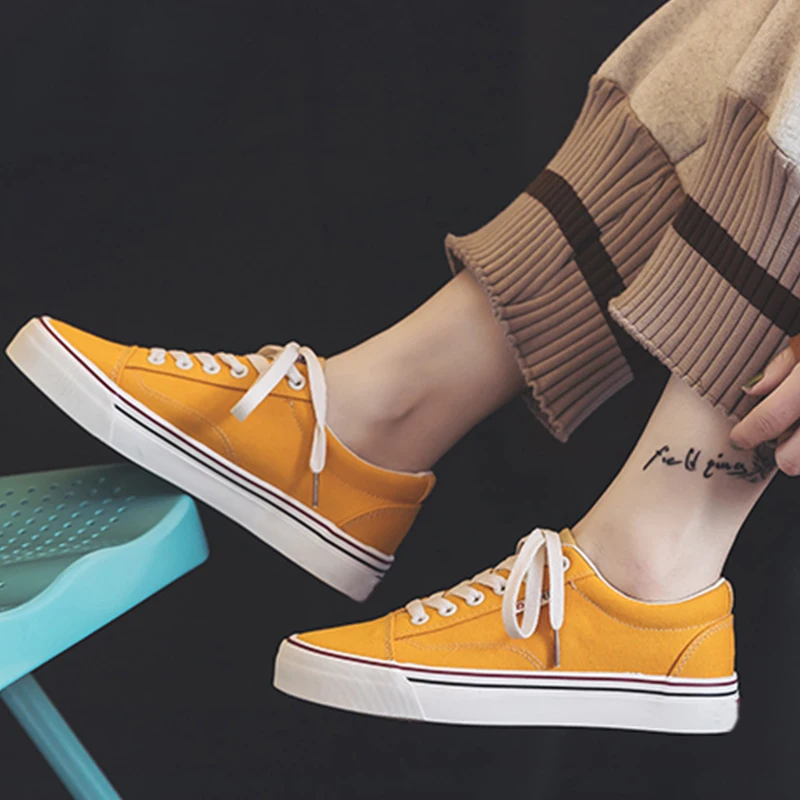 

Spring Shoes Women Canvas Solid Lace Up Casual Sport Shoes Breathble Platform Flat Black Beige Yellow Female Footwear