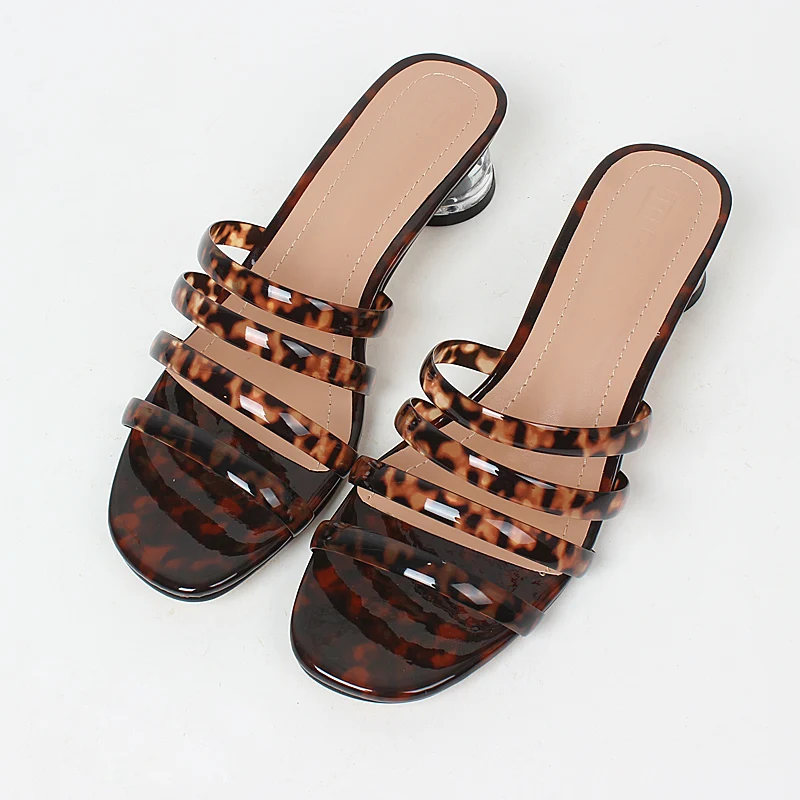 

Summer women shoes 2021 fashion leopard print crystal round heel open toe sandals slip on outside comfortable high heels 34-41
