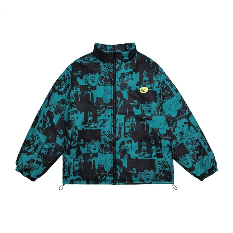 

Harajuku Streetwear Cotton Padded Parkas Jackets Vintage Poster Print Punk Rock Gothic Zipper Coats Hip Hop Winter Tops