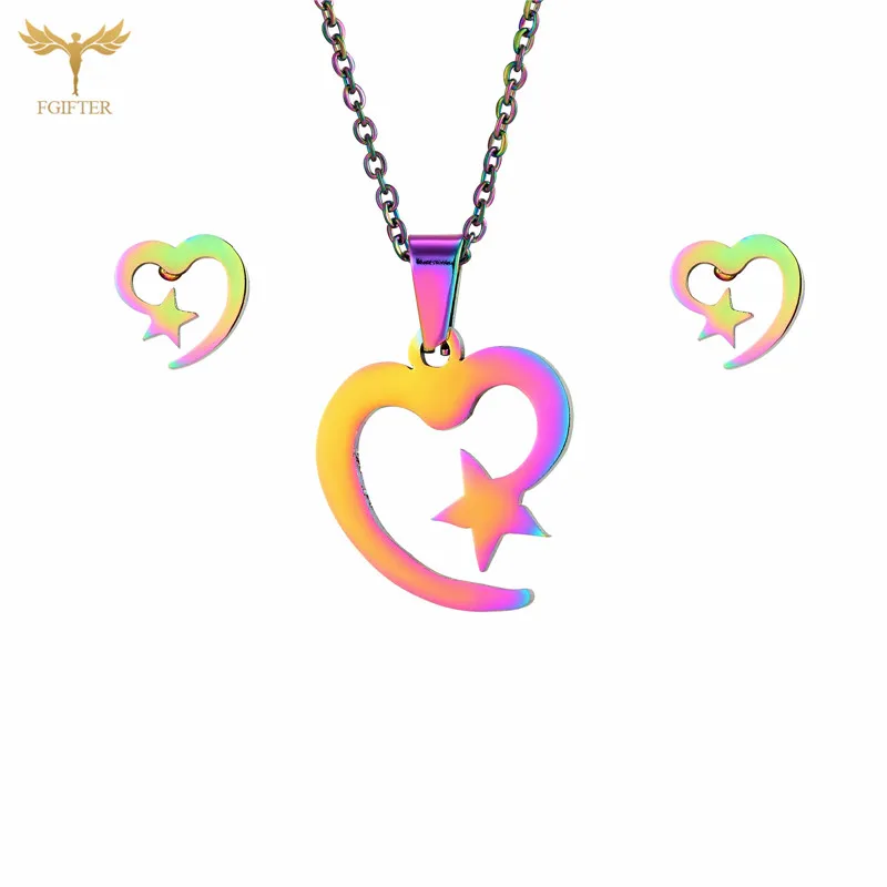 

Personalized Heart Star Pendant Necklaces Ear Studs Stainless Steel Rainbow Color Chain Necklace Women Jewellry Sets Gift