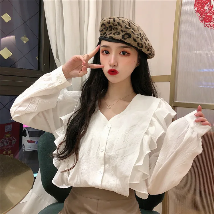 

Ruffles Chiffon Loose Tops Ladies Blouses V-neck Women's Clothing Long Sleeve Sweet Style Spring Autumn Shirts Korean New