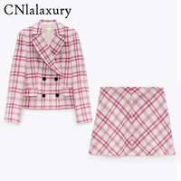 spring women skirt suits double breasted notched plaid blazer jackets and slim mini skirts two pieces ol sets female outfits2021