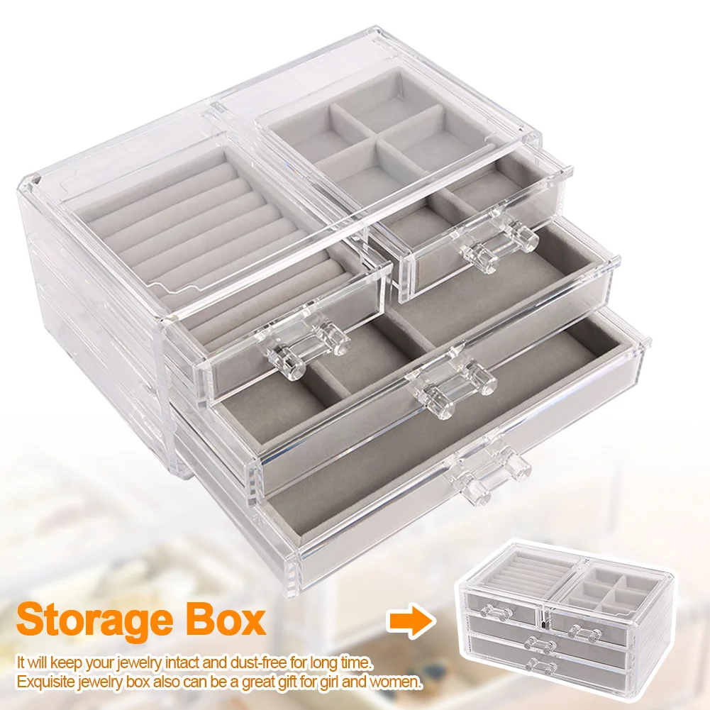 

Storage Holder Desktop Clear Organizer Stand Protable Acrylic Jewelry Box Display Case 4 Drawers Tray Rings Necklaces For Women
