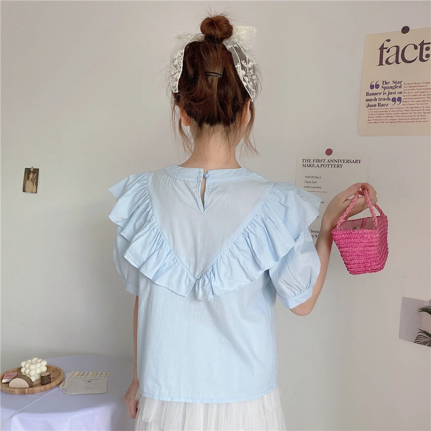 

hollow out Women Blouses Sweet Style Korean Clothes Ruffles Fashion Brand Ulzzang Stand Shirts ropa mujer verano Ladies Tops New