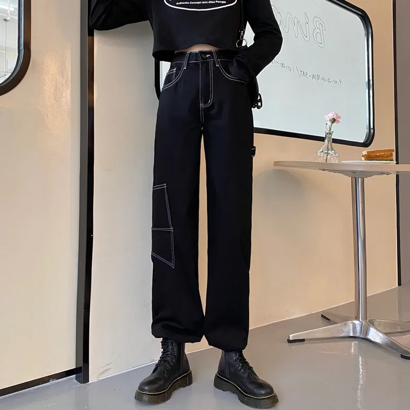 

Pockets Patchwork Baggy Jeans Fashion Streetwear 100% Cotton Women Denim Trouser Loose Cargo Pants Korean Jeans Harajuku
