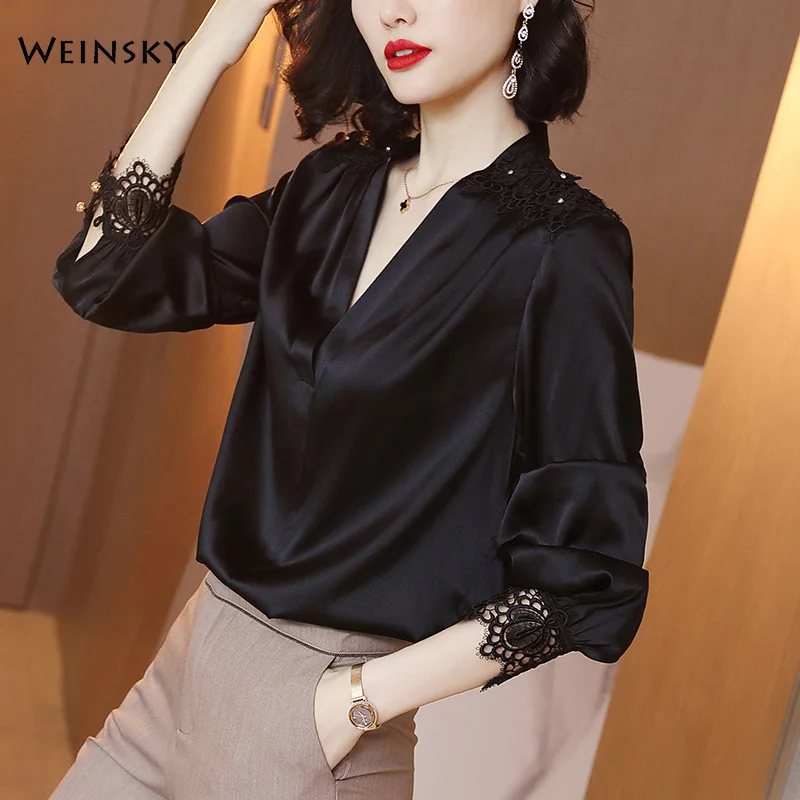 Женская блузка с длинным рукавом повседневная черная из вискозы v-образным