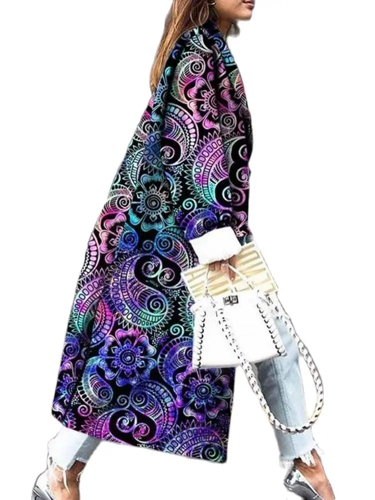 

Winter Fashion Printed Long Coat Coat Women's Lapel Long Sleeve Double Breasted Elegant Cashew Flower Long Coat Trench Coat 2020