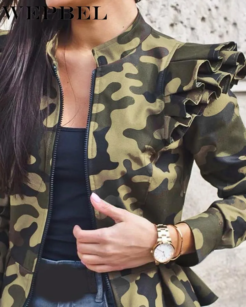 

WEPBEL Camouflage Plaid Dot Print Short Coat Woman Jacket Femme Veste Outerwear Tops Women Autumn Slim Zipper Ruffles Jacket