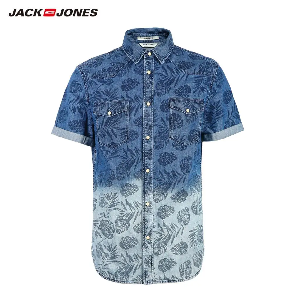 JackJones Для мужчин's 100% хлопок с тропическим принтом короткими рукавами джинсовая
