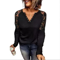 new women solid color t shirt sexy v neck spring autumn tops brand button women clothes lace sleeves shirt drop shipping