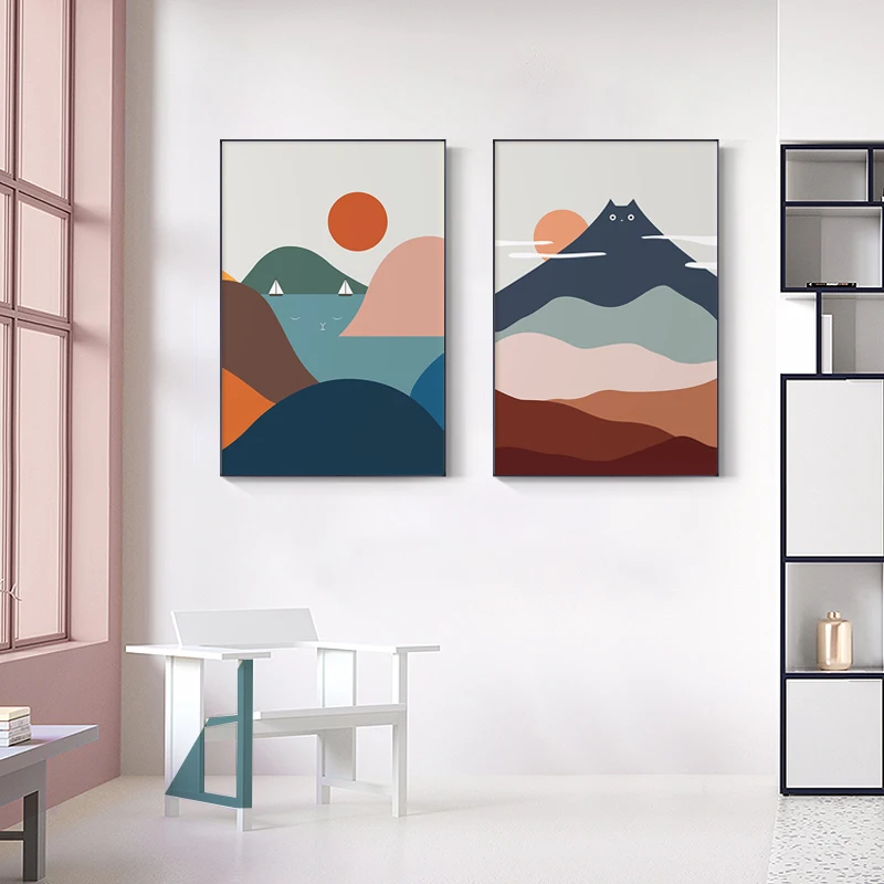 

Nordic Abstract Creativity Mountain Landscape Wall Art Canvas Painting Cat Theme Art Poster Print Wall Picture for Living Room