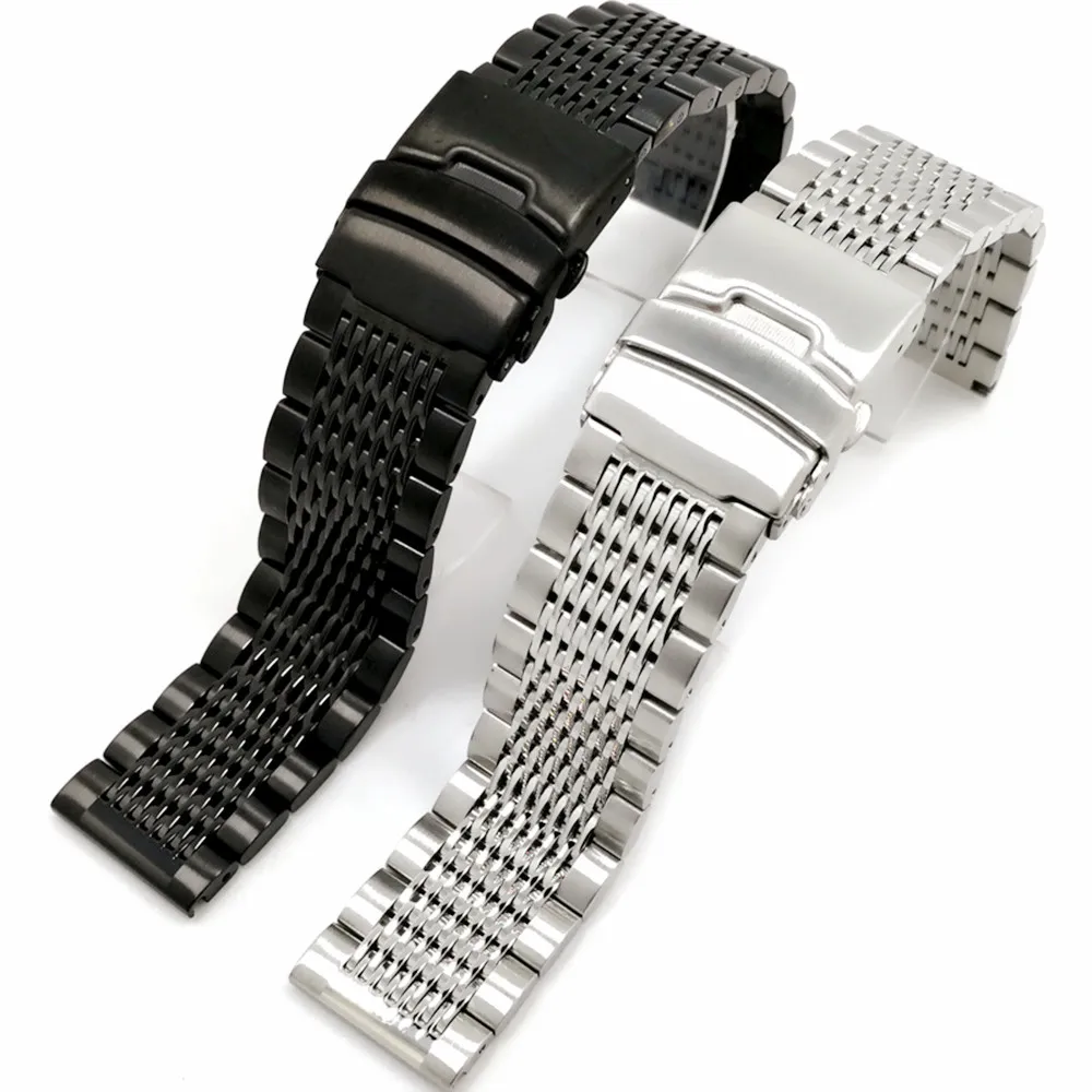 20/22/24mm HQ Shark Mesh Silver Black Stainless Steel Watchband Replacement Bracelet Men Folding Clasp Safety Watch Band Strap
