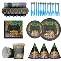 gamepad theme birthday party disposable tableware set paper plates cups blowout straw game children party decoration supply