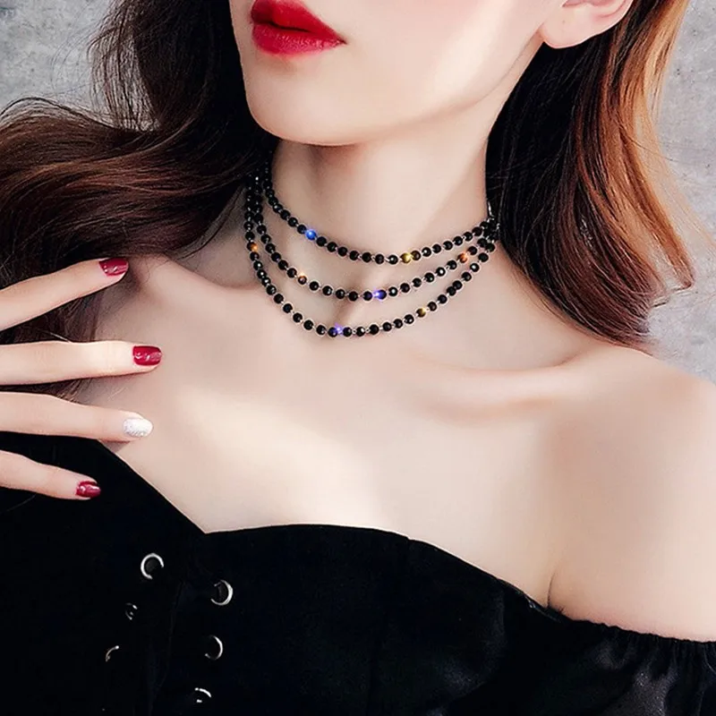

ARLIE Fashion 3 Layer Black Crystal Beads Choker Necklaces for Women New Bijoux Sliver Color Clavicle Chain Statement Jewelry