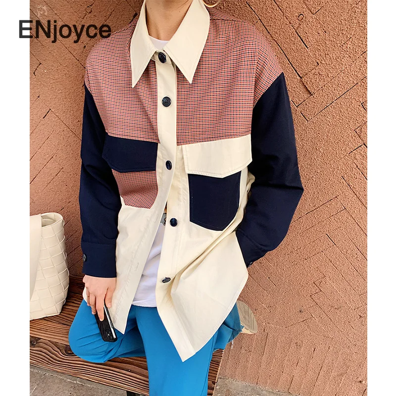 Vintage Stitching Design Casual Shirt Women Loose Long Sleeve Blouse Korean Fashion Lapel Boyfriend Style Shirts Spring Fall