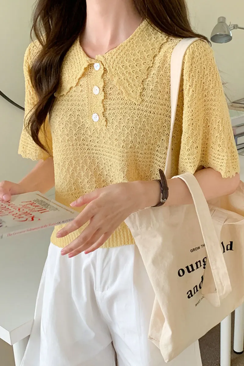 

Polo collar short-sleeved sweater 2021 new summer hollow ice silk short pullover top