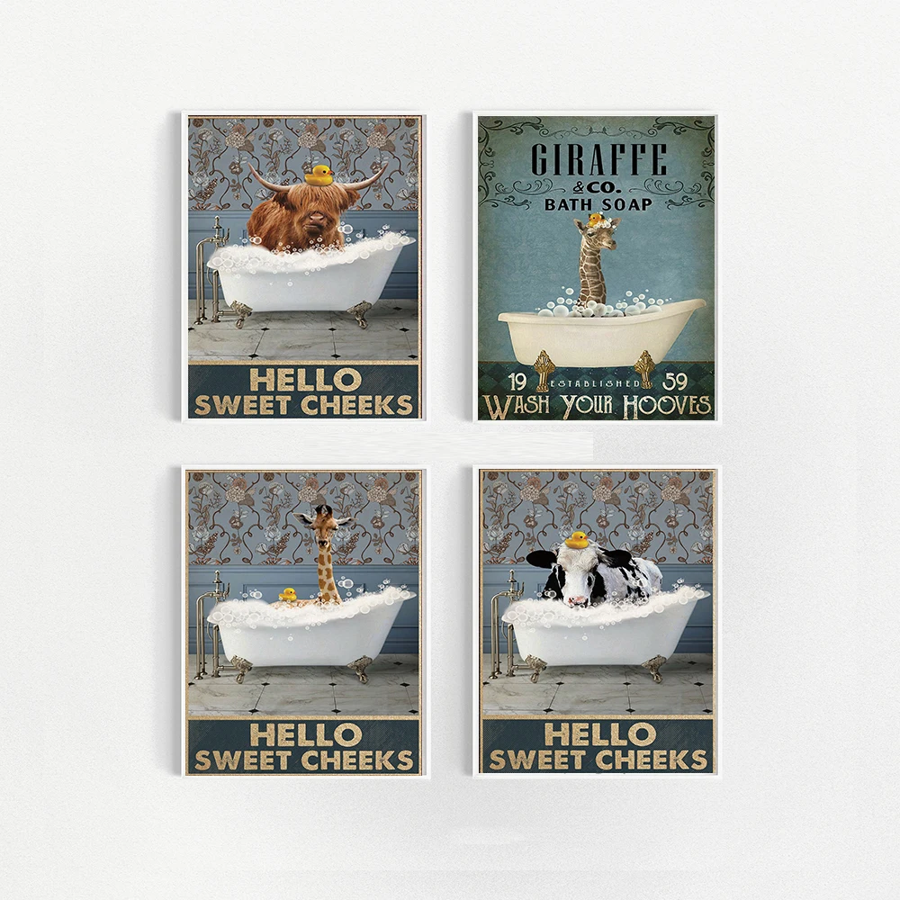

Funny Highland Cattle Bubble Bath Posters HD Prints Canvas Painting Giraffe Vintage Hello Sweet Cheeks Funny Bathroom Home Decor
