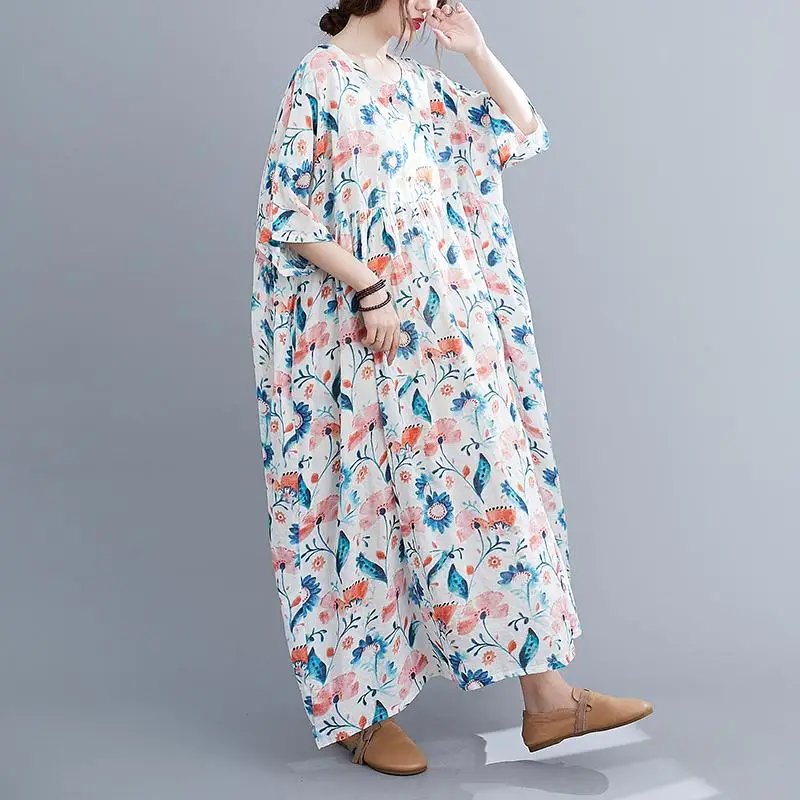 Летнее хлопковое длинное платье большого размера с цветочным рисунком женские