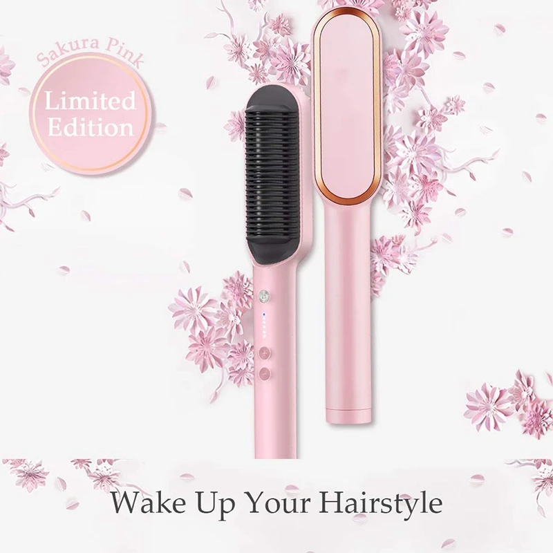 

Pink Hair Straightener Brush - Hair Straightening Iron with Built-in Comb, 20S Fast Heating & 5 Temp Settings EU Plug