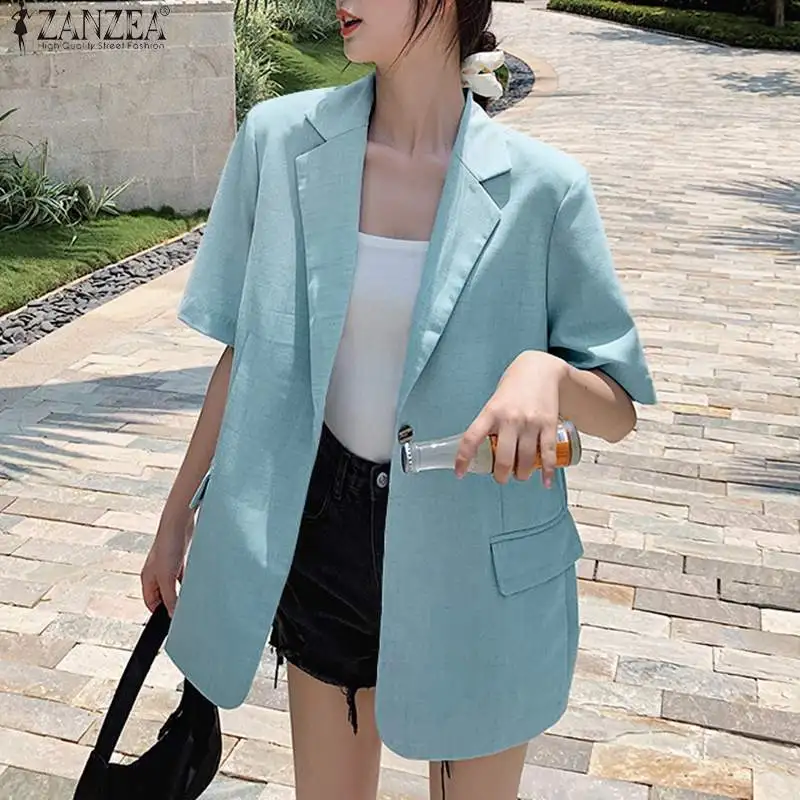 

Женский офисный Блейзер ZANZEA, летняя элегантная повседневная куртка с коротким рукавом и лацканами, свободная верхняя одежда с карманами, 2021