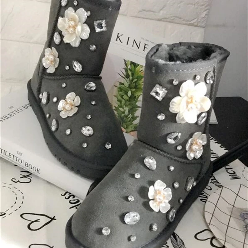 Женские сапоги ручной работы из искусственной кожи с жемчужинами и хлопковой