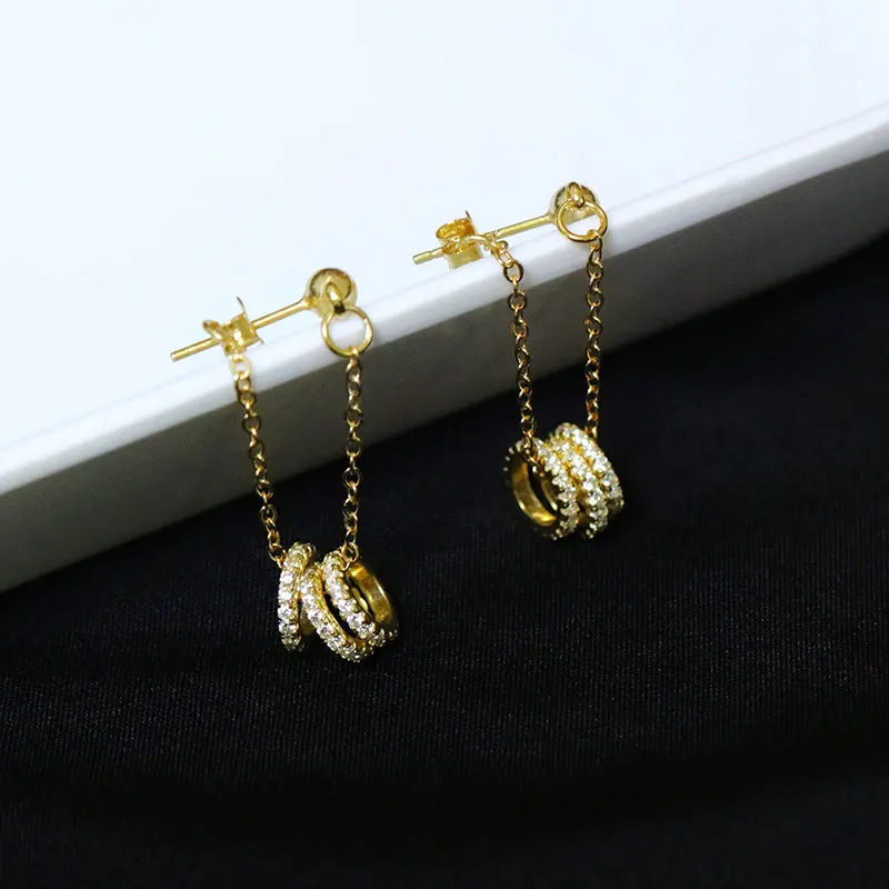 Серьги из стерлингового серебра 925 пробы, модные изысканные цирконы, 3 кольца, цепные длинные серьги, милая индивидуальность, женские серебряные серьги, ювелирные изделия