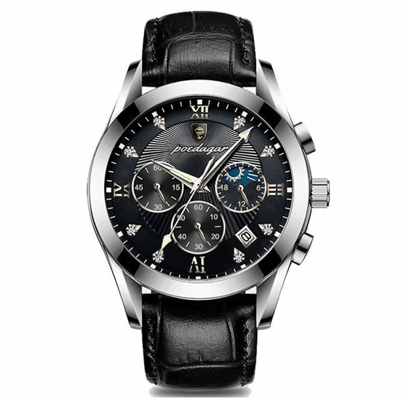 

Black Leather Quartz Watch Military Men'S Clock Watch Automatic Date Calendar Stopwatch Waterproof Watch For Man