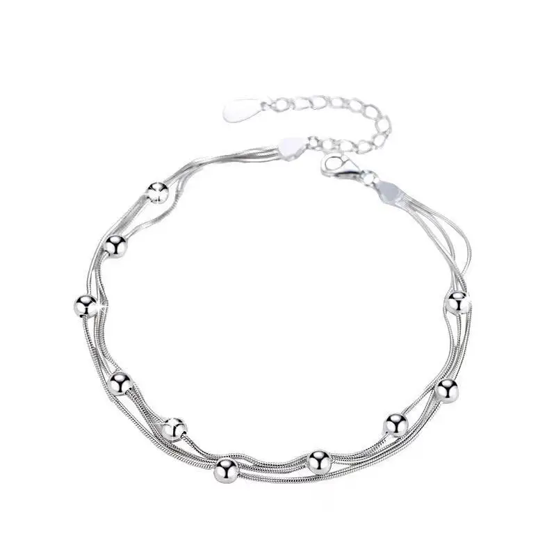 

Creative New S925 Silver Bracelet Female Simple Fashion Multi-Layer Round Bead Bracelet Snake Bone Chain Hand Jewelry