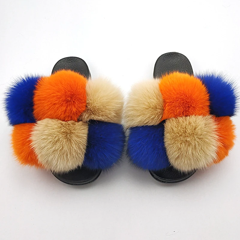 

ZDFURS* 2020 New Women's Furry Slippers Ladies Cute Plush Fox Fur Balls Slippers Women's Raccoon Fur Flower Slides Summer Shoes