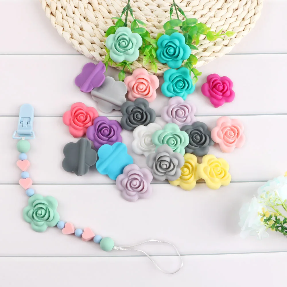 Kovict 200Pcs Rose Silicone Beads BPA Free Flower DIY Pacifier Chain Bracelet Baby Teething Necklace Accessories Toys