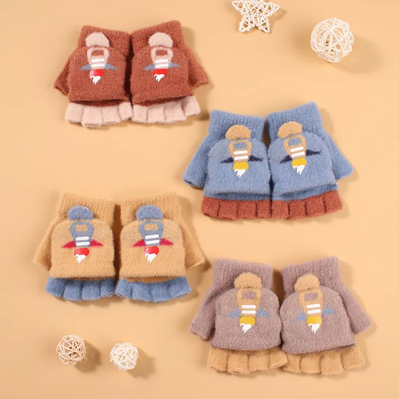 

New Children Gloves Warm Winter Half-finger Thickened Cartoon Knitted Cute Boys Girls Fingerless Kids Clamshell Thicken Mittens