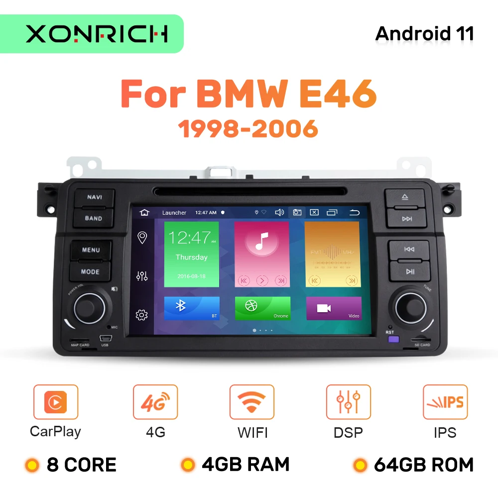 Автомагнитола Carplay 8 ядер Android 11 для BMW E46 M3 Rover 75 Coupe 318/320/325/330/335 2DIN DVD-плеер 4 ГБ 64
