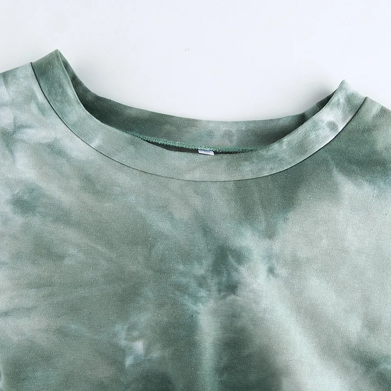 

Hipster Cool Women Tie-dye Green T-shirt 2021 Autumn Lady Short-length Drawstring Top Hollow Out Split Long-sleeve O Neck Tshirt