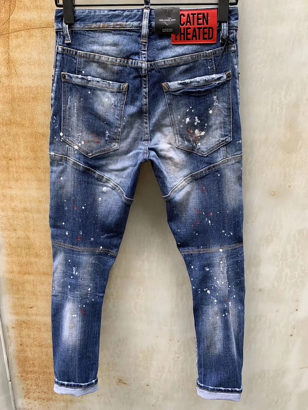 DSQUARED2 Men's/Women Fashion Stitching Three-Dimensional Cut Micro-Elastic Hole Patch Paint Distressed Stretch Jeans T95