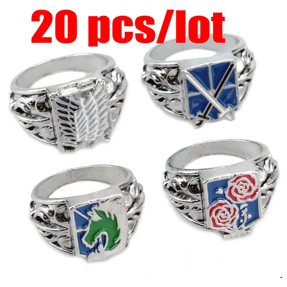 

20 pcs/lot Anime Attack on Titan Ring Wings Of Liberty Rose Sword Flag Finger Rings For Women Men Jewelry Cosplay Rings