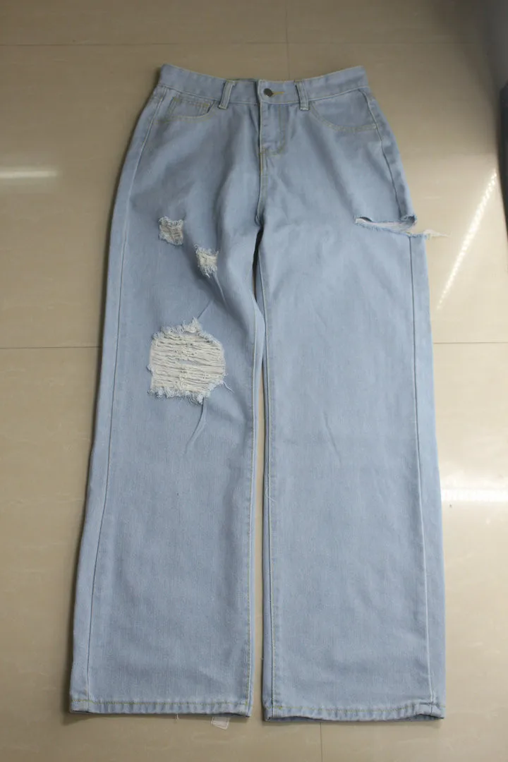 

Fashion Button Hole Denim Casual Hole Wide Leg Pants Women Loose Long Pants High Waist Zipper Pocket Button Pants #T2G