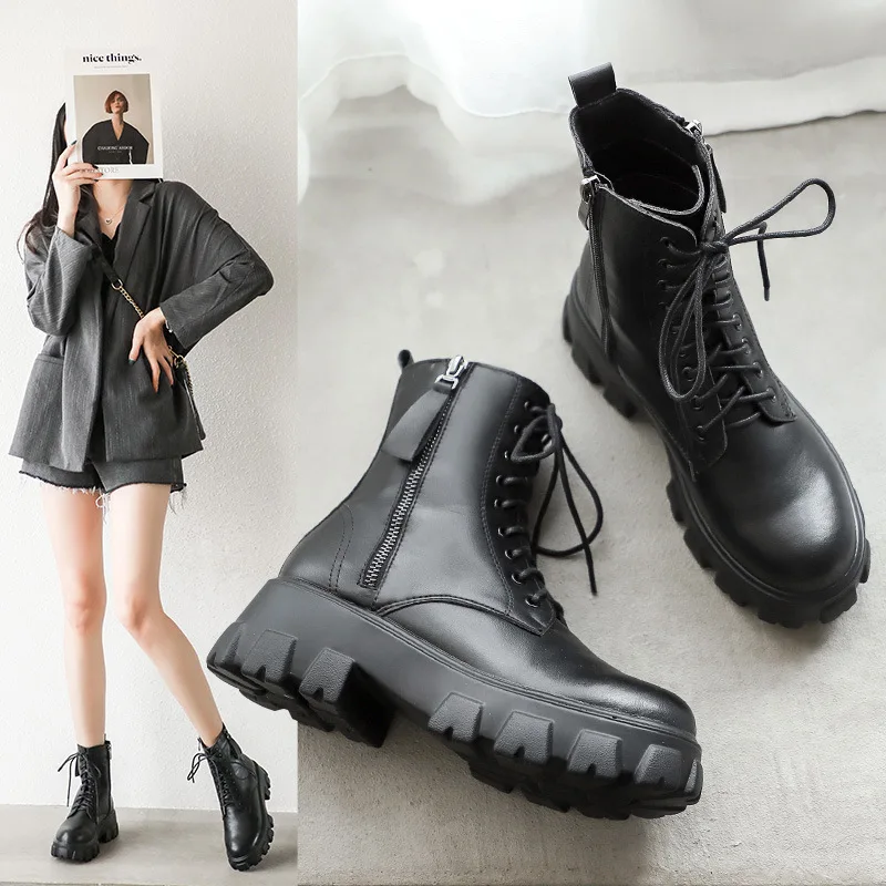 

Med Heel Boots Women's Low Shoes Boots-Women Zipper Round Toe Black Ankle 2021 Lolita Rubber Rock Autumn Ladies Large Size Solid