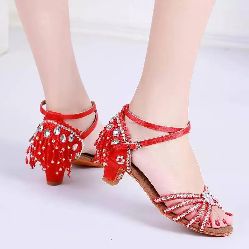 Танцевальные туфли для женщин на вечеринку танго из сатина с блестящими стразами для бального, балетного, сальса и латиноамериканского танца на каблуке 4 см.