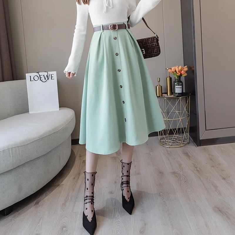 Mint Green Trytree/, осенне-зимняя женская повседневная юбка в стиле ампир, 5 цветов, трапециевидная модная юбка на элегантных кнопках, пояс до середины икры, Офисная Женская юбка - Цвет: Mint Green