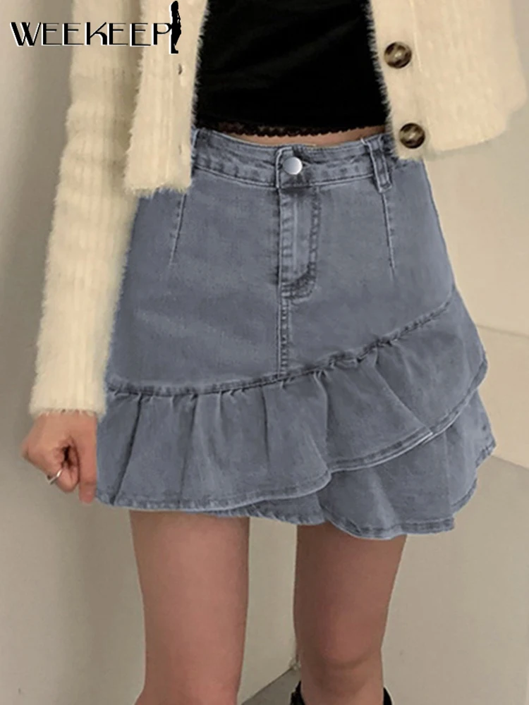 

Женская джинсовая юбка с оборками Weekeep, асимметричная плиссированная джинсовая юбка со средней талией, Y2k, корейский уличный стиль, короткий...