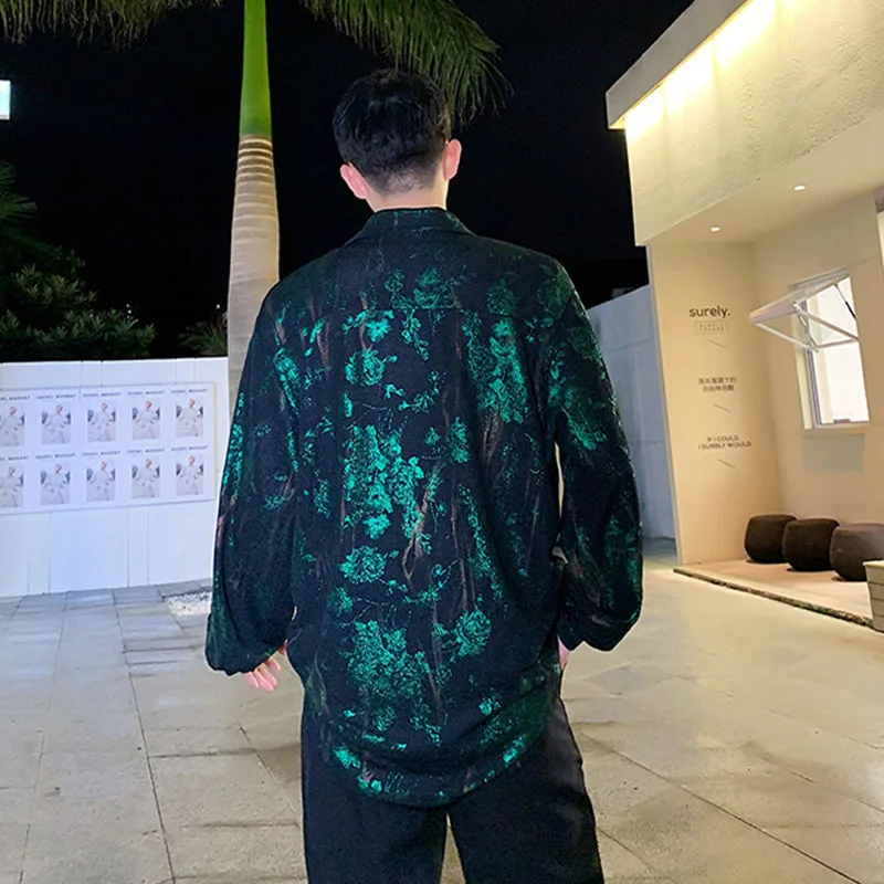 

Male Streetwear Hip Hop Party Dress Floral Shirt Men Long Sleeve Loose Vitnage Casual Flower Print Shirt Stage Show Clothing