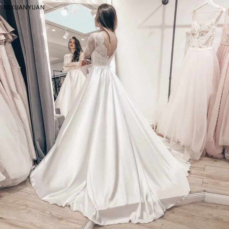 Robe De Mariage свадебные платья с длинными рукавами и круглым вырезом трапециевидная