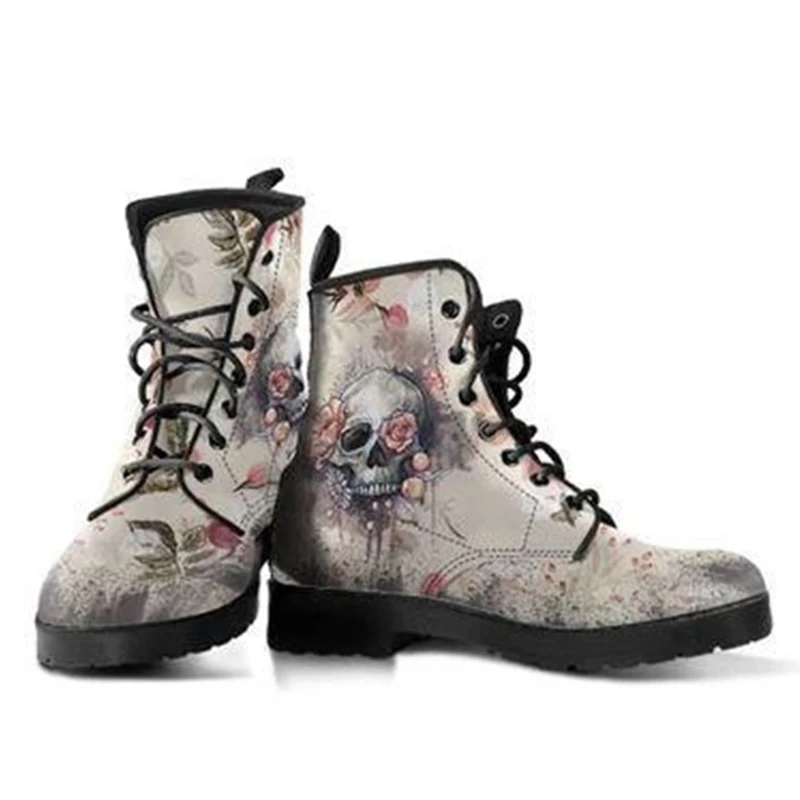 HOT Skeleton Women Snow Ankle Boots Motorcycle Skull Pansy Low Heels Shoes Vintage Pu Leather Warm Winter High Platform | Обувь