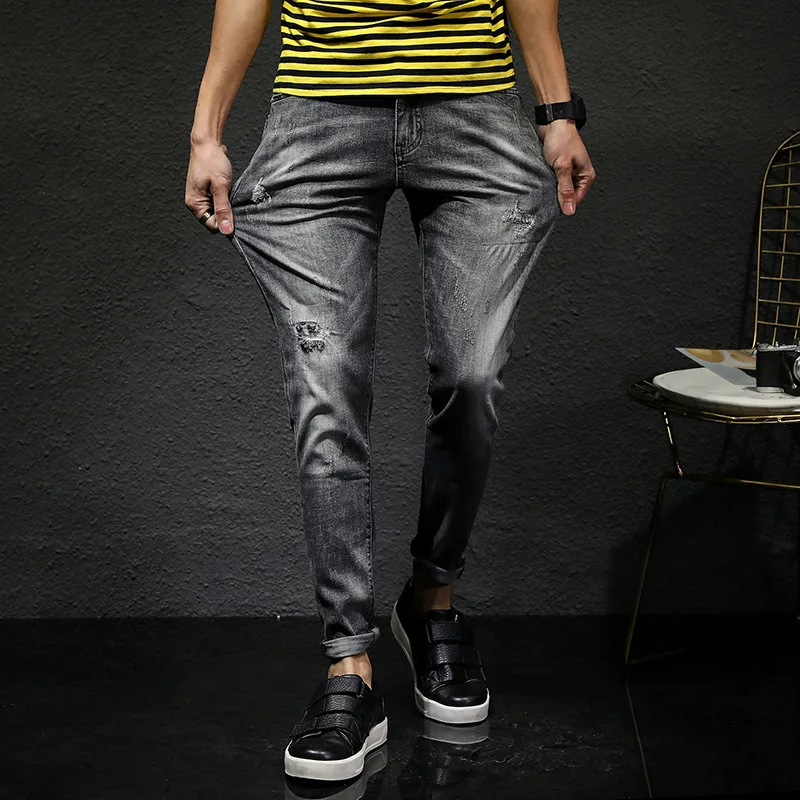 Summer New Men's Jeans Hole Slim Stretch Thin feet pants Fashion Korean Style Straight Casual trousers Streetwear | Мужская одежда