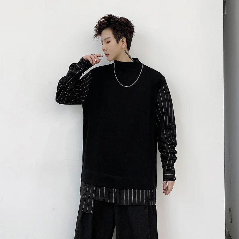 

M-XXL!Dark black men's shirt fashion bronzing stripes stitching young men fake two-piece high round neck inner wear clot