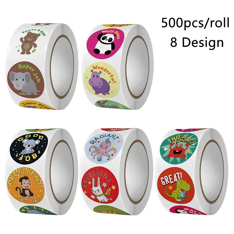 

500 Pcs/roll Personalized Sticker Rolls Children's Cartoon Animal Sticker Roll 8 Design Label Kawaii Stickers