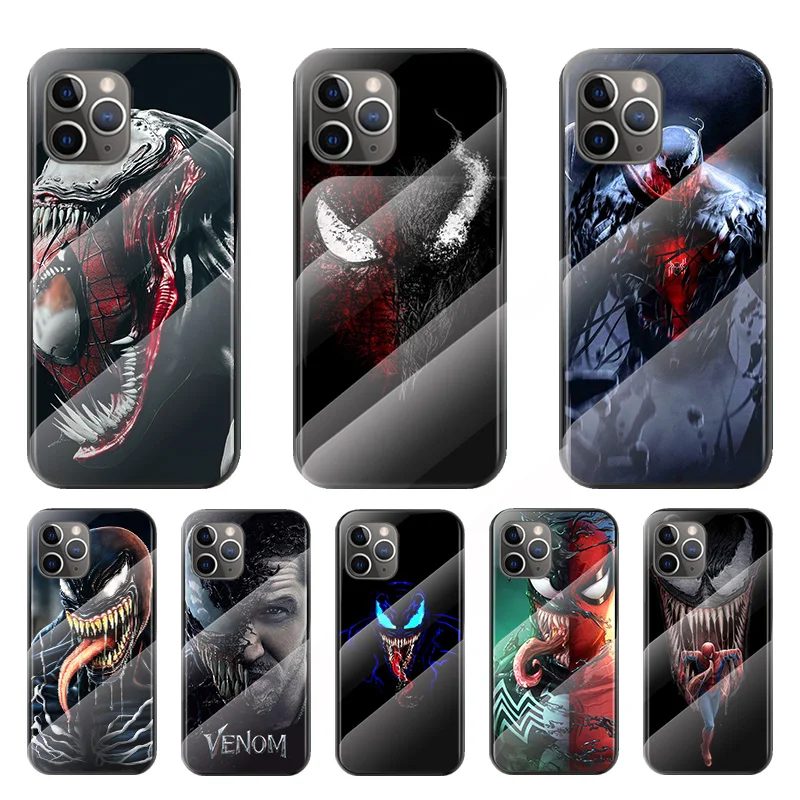 

Marvel Venom For Apple iPhone 12 11 8 7 6 6S XS XR SE X 2020 Pro Max Mini Plus Tempered Glass Cover Phone Case
